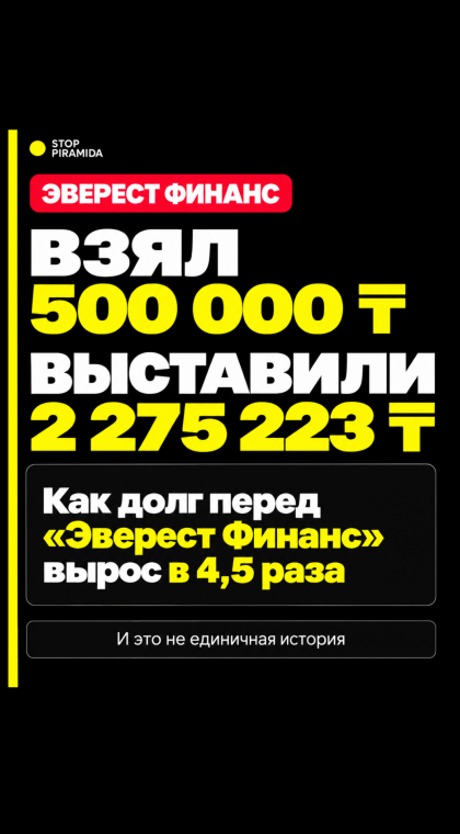 STOP МФО | История заемщика: при первоначальном займе в 500 000 ₸ сумма требований перед ТОО «МФО „Эверест Финанс“» выросла до 2 275 223 ₸ — более чем в 4,5 раза.